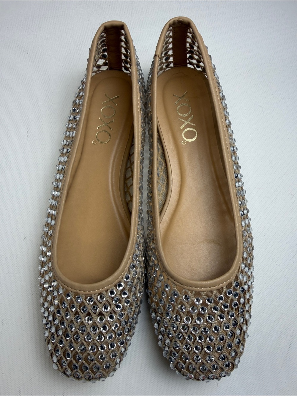 XOXO DOBSI LIGHT TAUPE RHINESTONE MESH BALLET FLATS SIZE 6.5